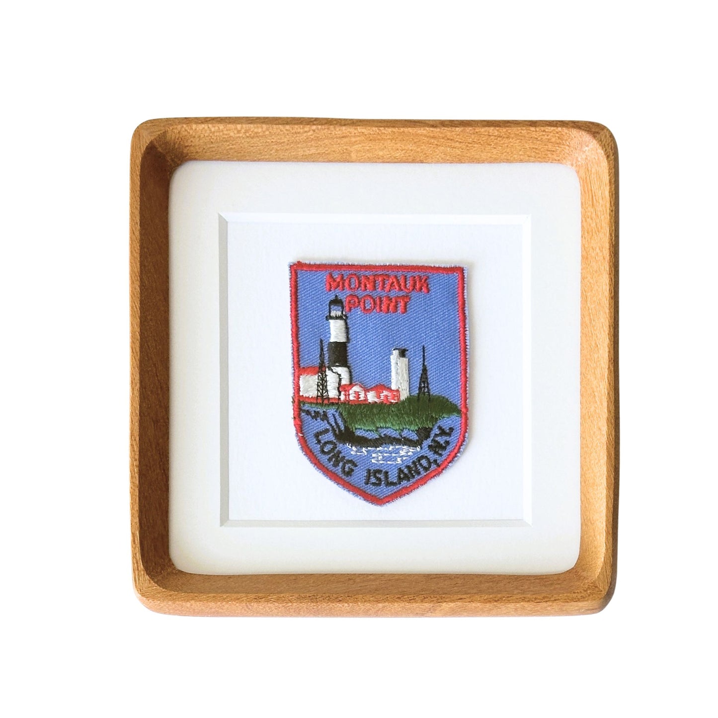 New York Long Island Montauk Point Lighthouse Vintage Travel Patch Wood Framed