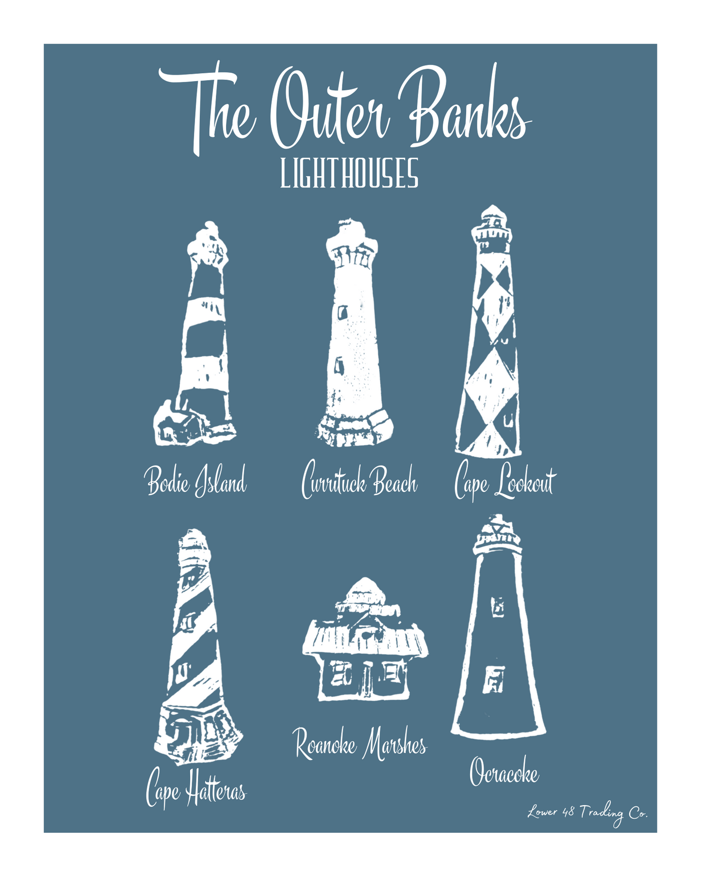 North Carolina Outer Banks Lighthouses Block Print by Nikki Degn Giclee Art Print