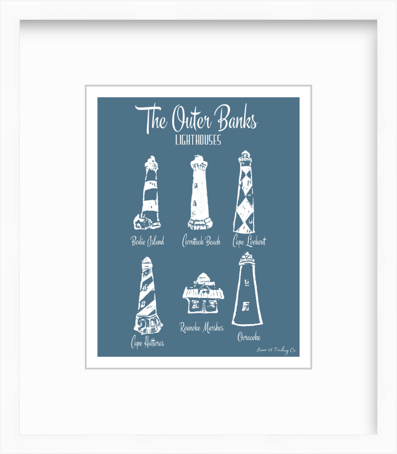 North Carolina Outer Banks Lighthouses Block Print by Nikki Degn Giclee Art Print