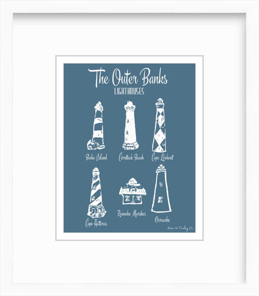 North Carolina Outer Banks Lighthouses Block Print by Nikki Degn Giclee Art Print