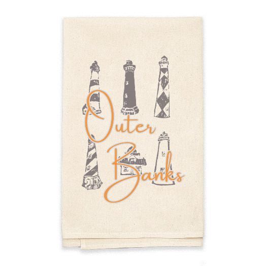 North Carolina Outer Banks Lighthouses Block Print Flour Sack Dish Towel