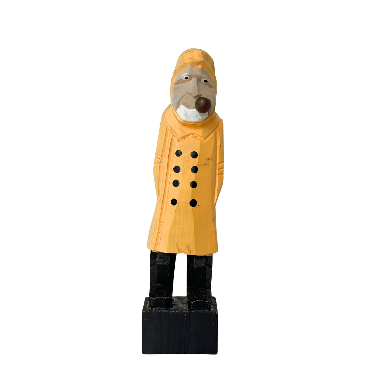 American Old Salt Vintage Fisherman Yellow Jacket White Beard Black Boots and Pipe Carved Wood 6 Inches