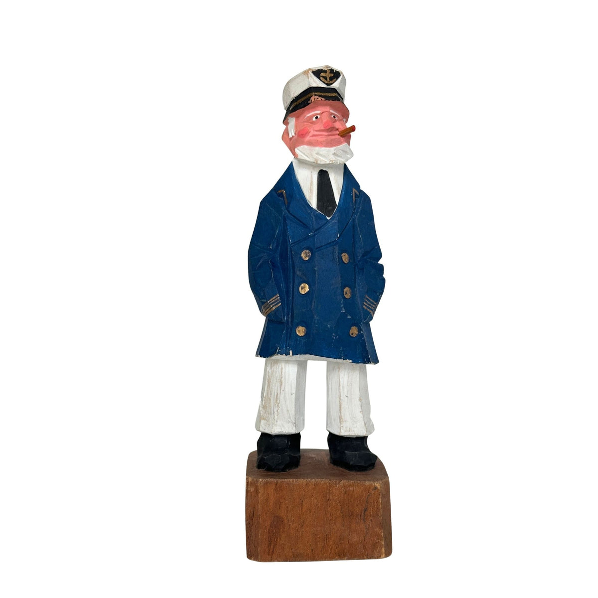 American Old Salt Sea Captain Blue Coat White Beard and Cigar Vintage Wood Carving 8 inches