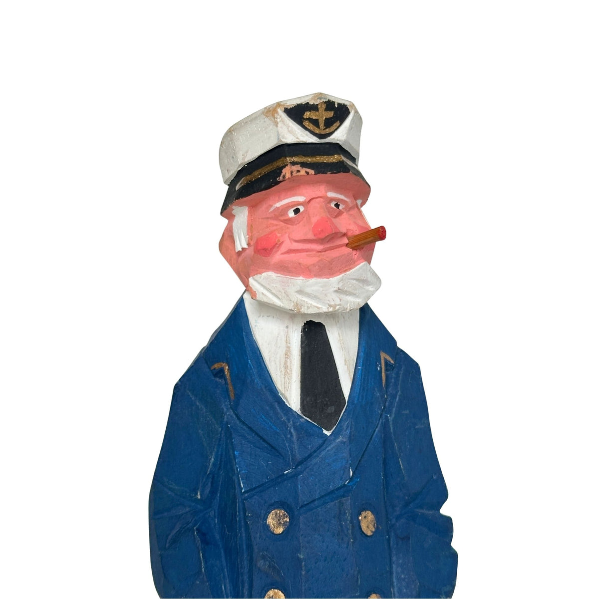 American Old Salt Sea Captain Blue Coat White Beard and Cigar Vintage Wood Carving 8 inches