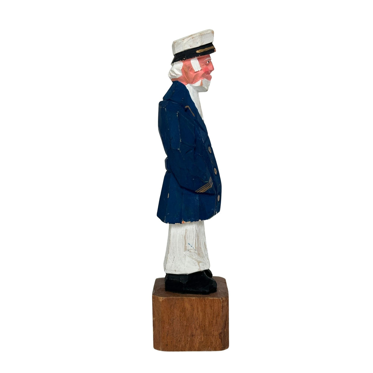 American Old Salt Sea Captain Blue Coat White Beard and Cigar Vintage Wood Carving 8 inches
