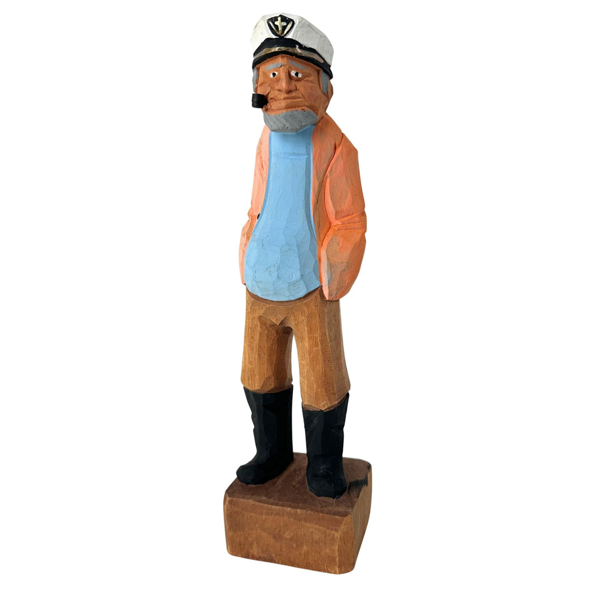 American Old Salt Sea Captain Blue Shirt with a Yellow Orange Jacket, Pip, and Grey Beard Wood Vintage 12 Inches Tall