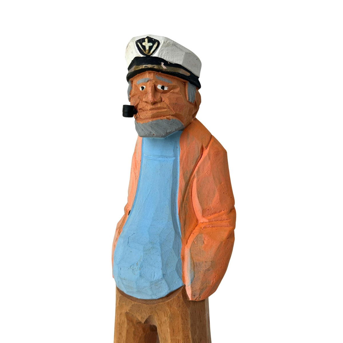 American Old Salt Sea Captain Blue Shirt with a Yellow Orange Jacket, Pip, and Grey Beard Wood Vintage 12 Inches Tall