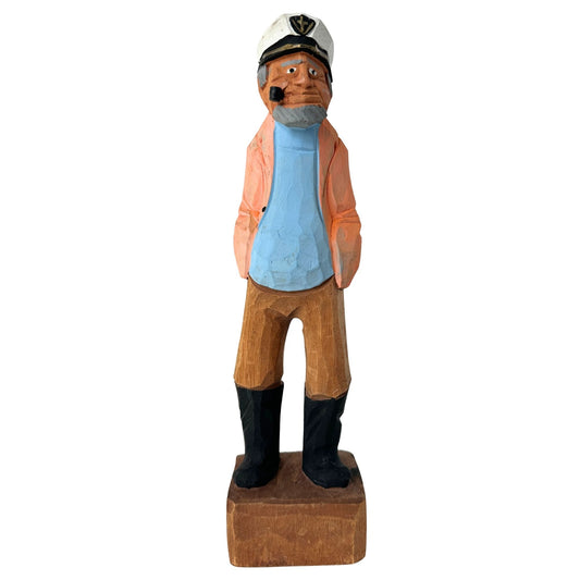 American Old Salt Sea Captain Blue Shirt with a Yellow Orange Jacket, Pip, and Grey Beard Wood Vintage 12 Inches Tall