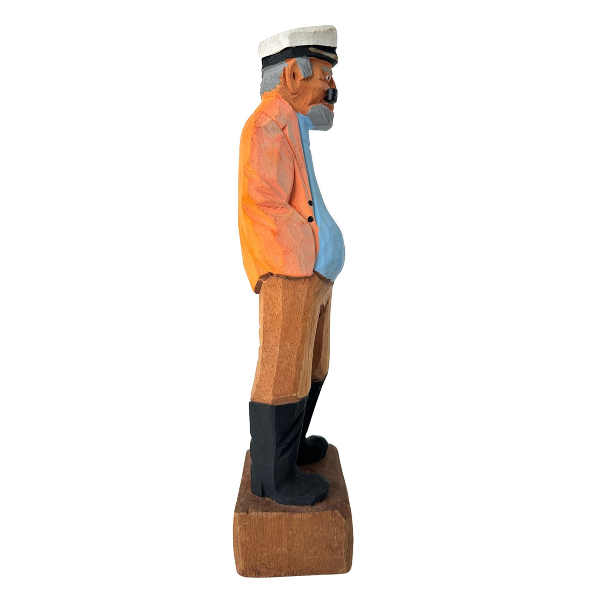 American Old Salt Sea Captain Blue Shirt with a Yellow Orange Jacket, Pip, and Grey Beard Wood Vintage 12 Inches Tall