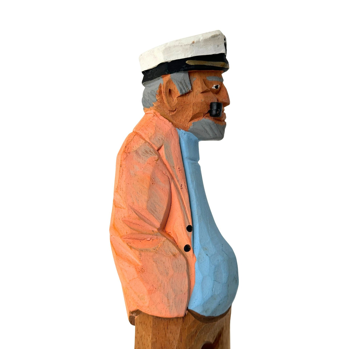 American Old Salt Sea Captain Blue Shirt with a Yellow Orange Jacket, Pip, and Grey Beard Wood Vintage 12 Inches Tall
