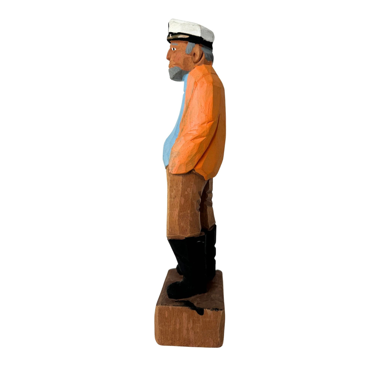 American Old Salt Sea Captain Blue Shirt with a Yellow Orange Jacket, Pip, and Grey Beard Wood Vintage 12 Inches Tall