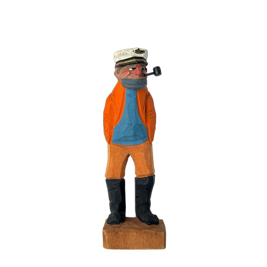 American Old Salt Sea Captain Orange Coat Blue Shirt Grey Beard Pipe Wood Vintage 6.25 inches Tall