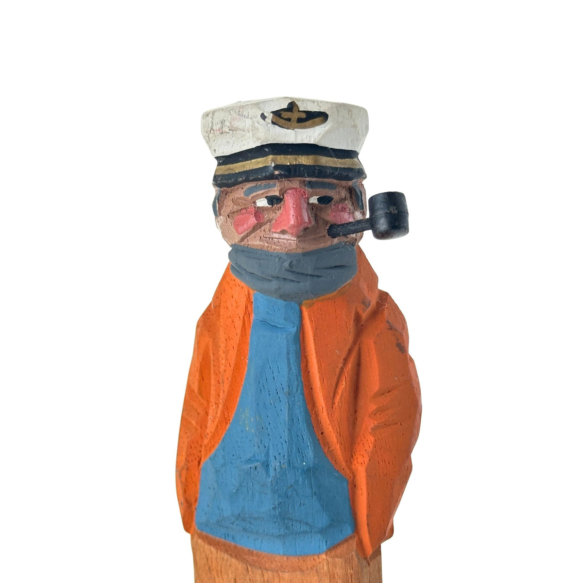 American Old Salt Sea Captain Orange Coat Blue Shirt Grey Beard Pipe Wood Vintage 6.25 inches Tall
