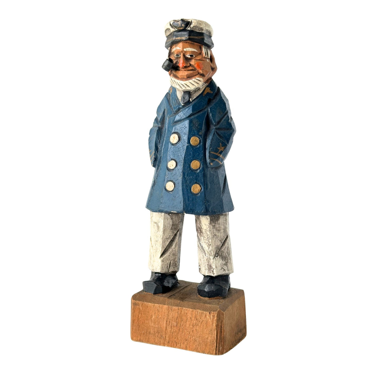 American Old Salt Vintage Sea Captain Blue Coat Gold Buttons Wood Carving 8.25 Inches