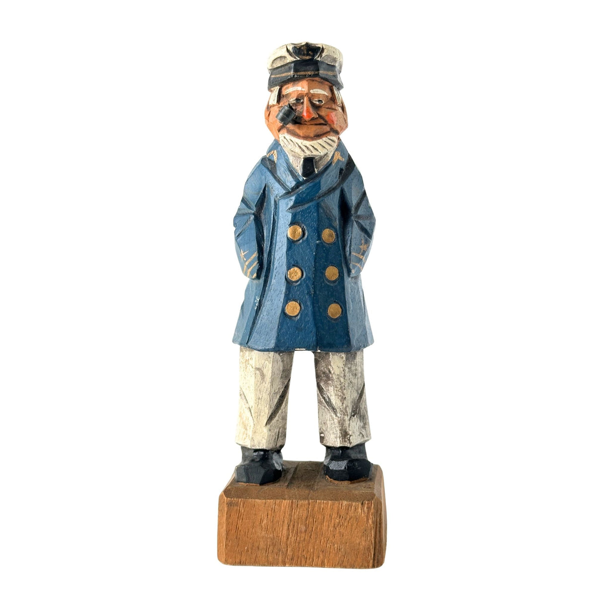 American Old Salt Vintage Sea Captain Blue Coat Gold Buttons Wood Carving 8.25 Inches