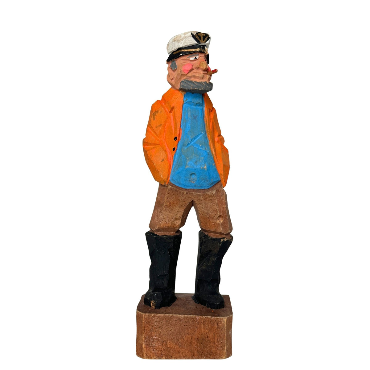 American Old Salt Vintage Sea Captain Orange Coat and Cigar Wood Carving 8 inches