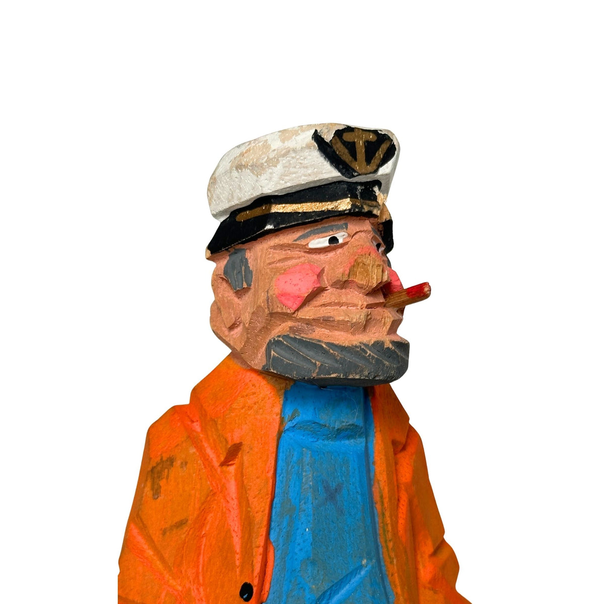 American Old Salt Vintage Sea Captain Orange Coat and Cigar Wood Carving 8 inches