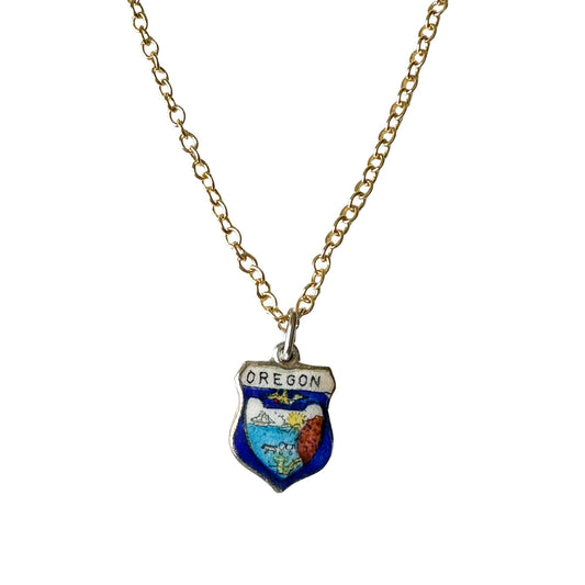 Oregon Vintage Fritz REU Sterling Silver Enamel Charm on New 18 Inch Gold Filled Necklace