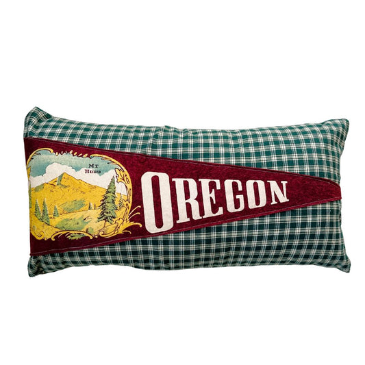 Oregon Mt. Hood Vintage Large Pennant on New Woven Green Plaid Throw Pillow