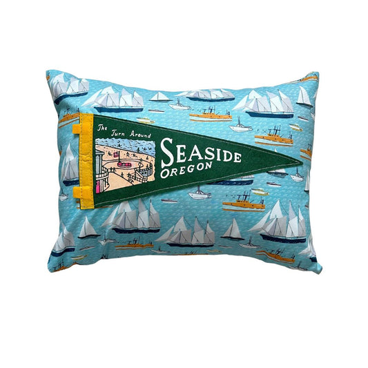 Oregon Seaside Vintage Pennant on New Woven Sailboat Fabric Throw Pillow