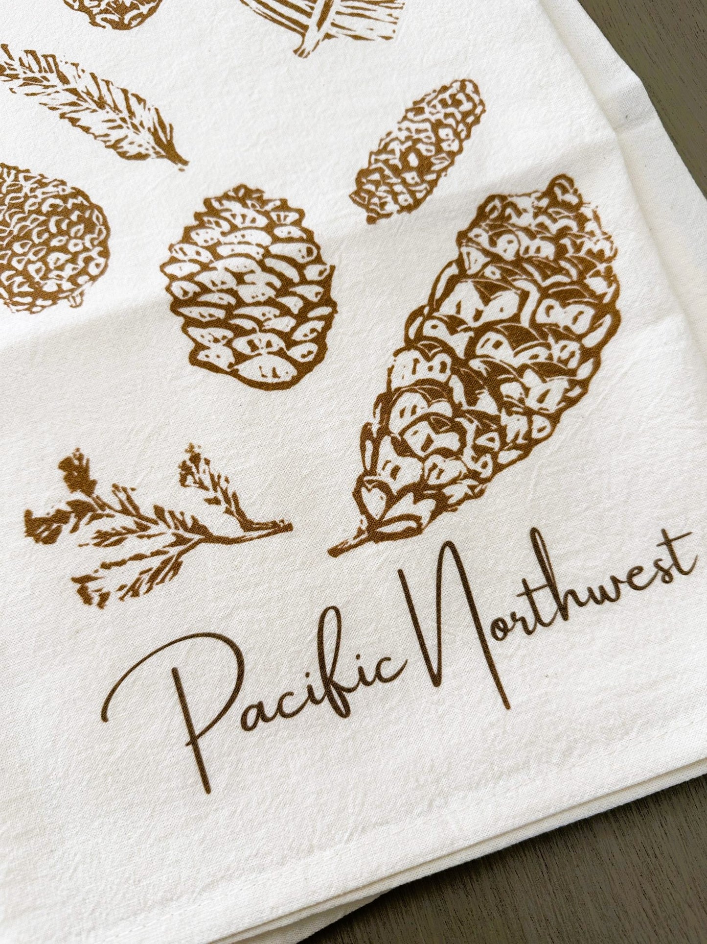 Pacific Northwest Pinecones Block Print Flour Sack Dish Towel