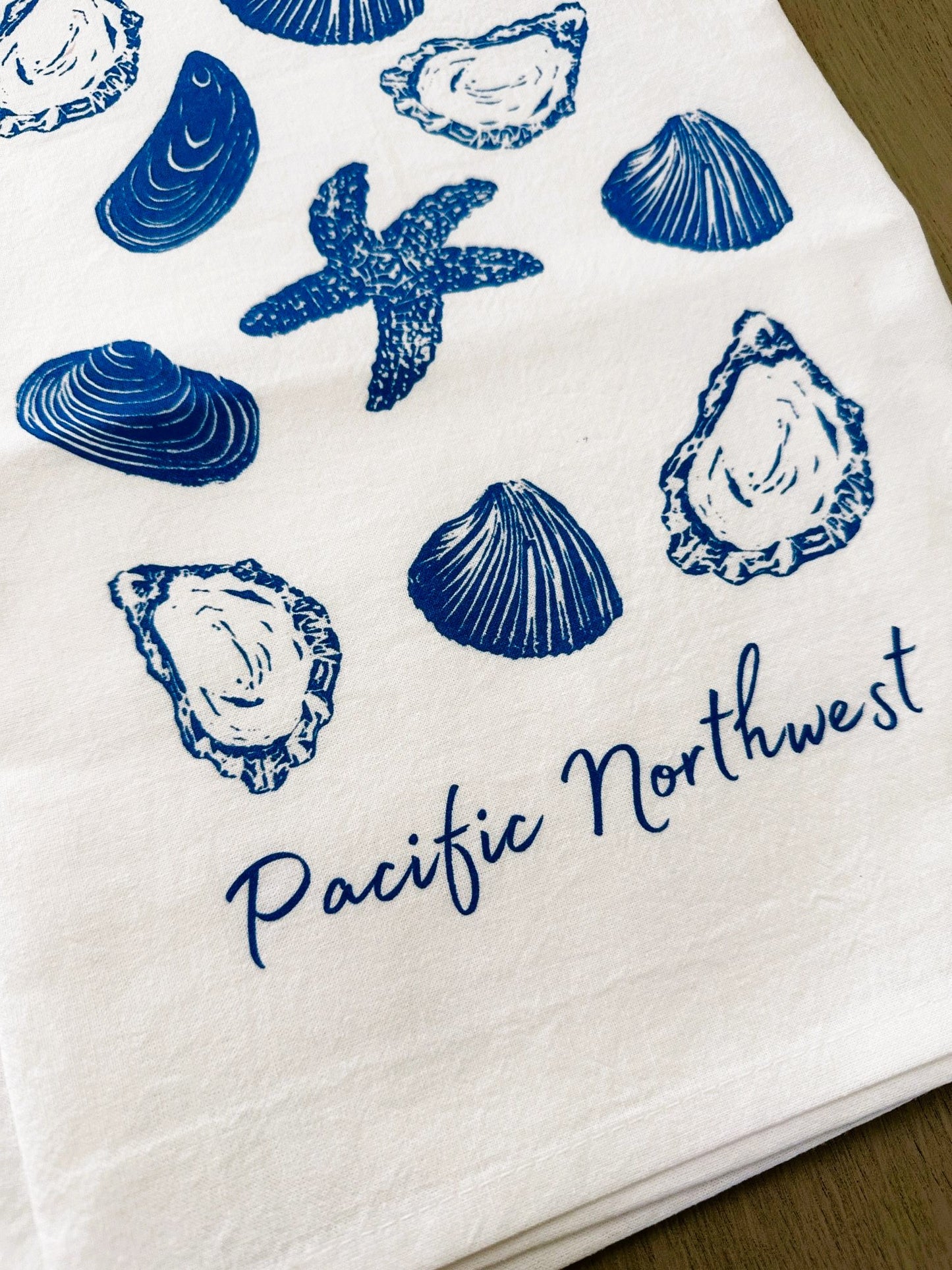 Pacific Northwest Seashells Block Print Flour Sack Dish Towel