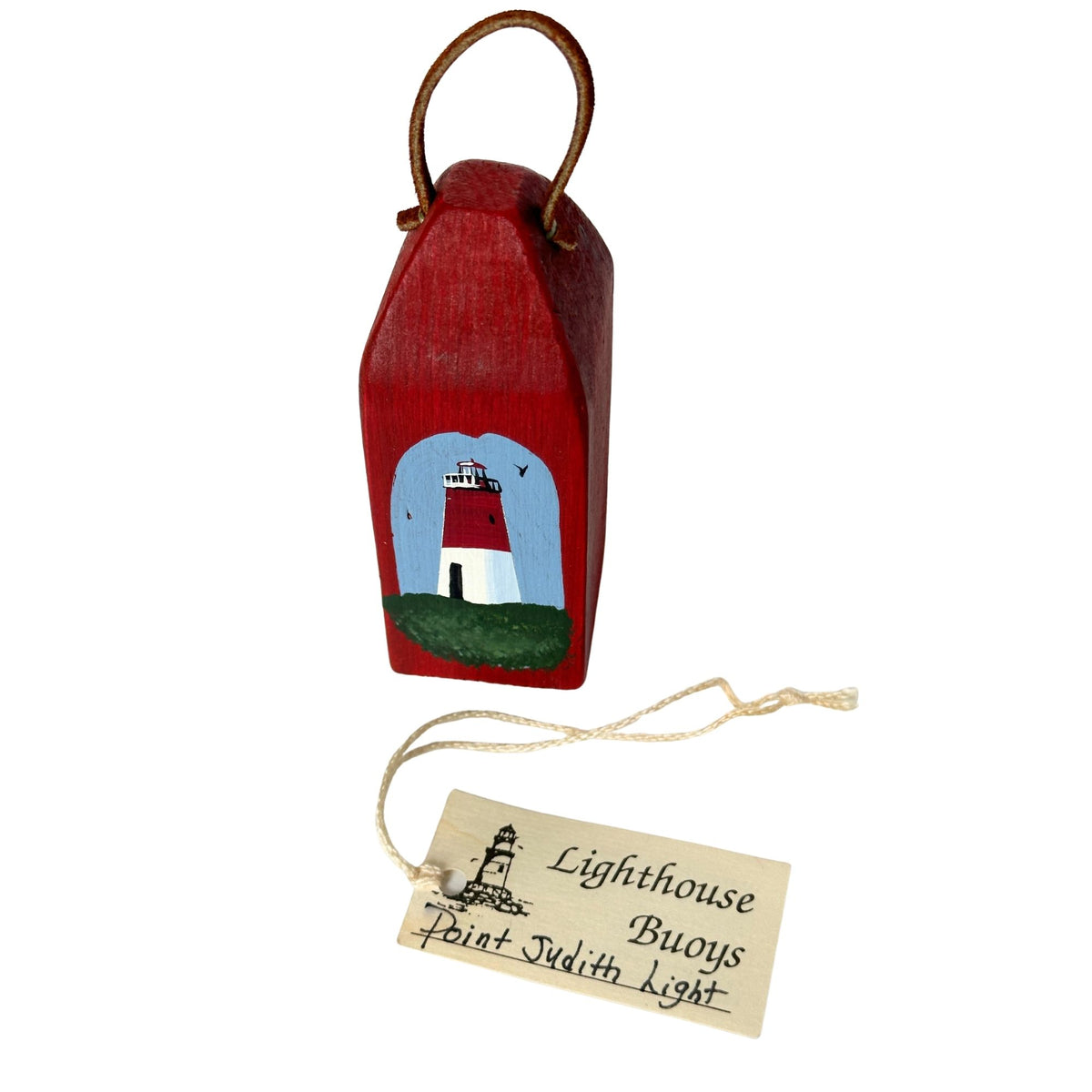 Rhode Island Narragansett Bay Point Judith Lighthouse Hand Painted Wooden Buoy Vintage Ornament