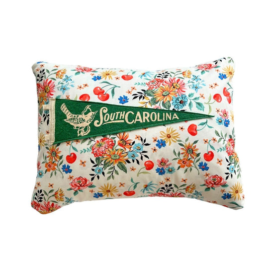 South Carolina Green Vintage Pennant on New Woven Floral Throw Pillow
