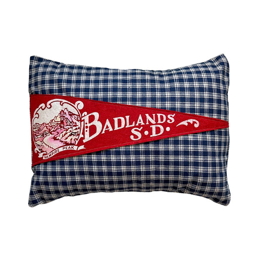 South Dakota Badlands Vintage Red Pennant on New Woven Plaid Pillow