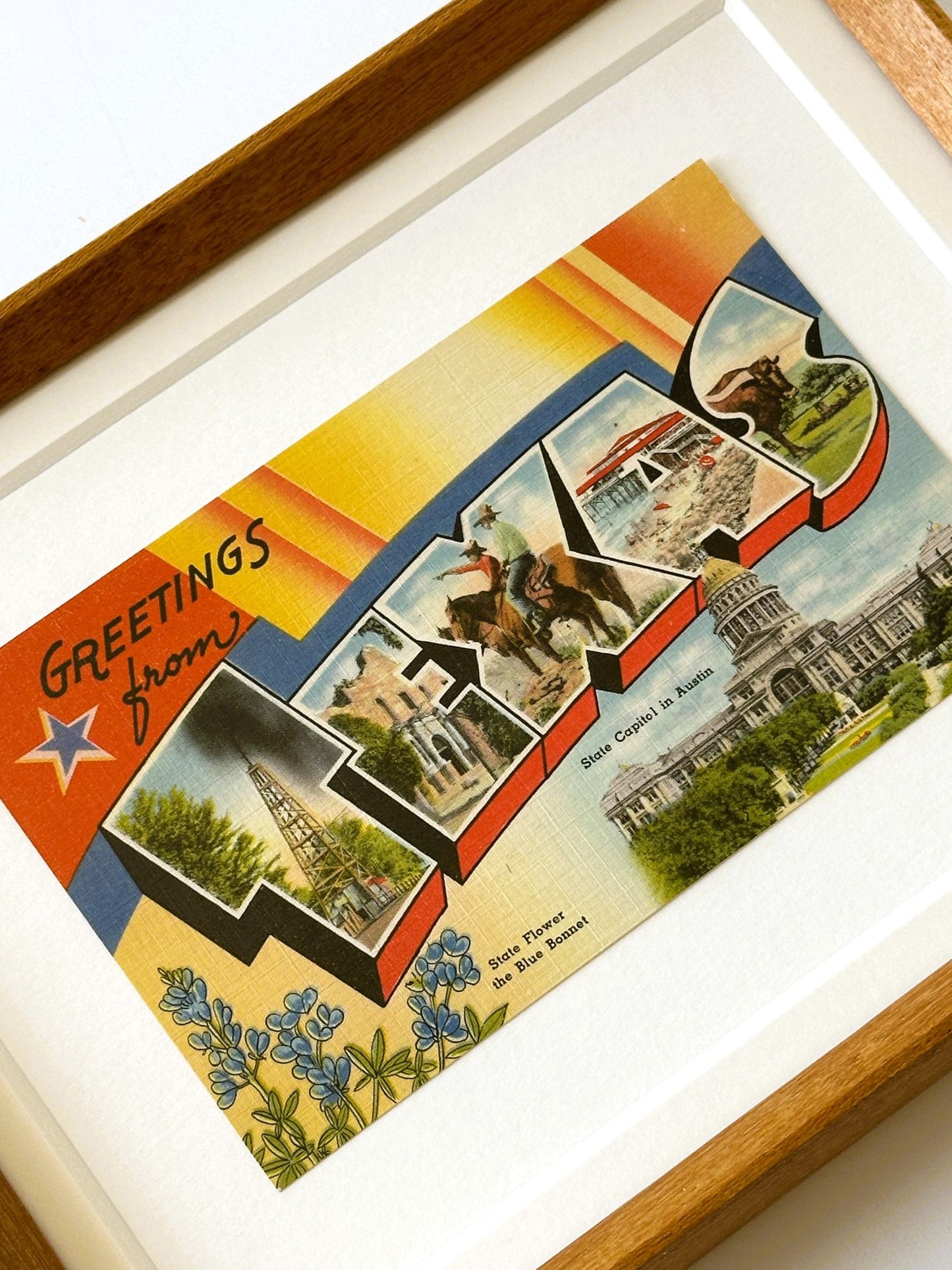Texas Vintage Framed Postcard, Greetings from Texas