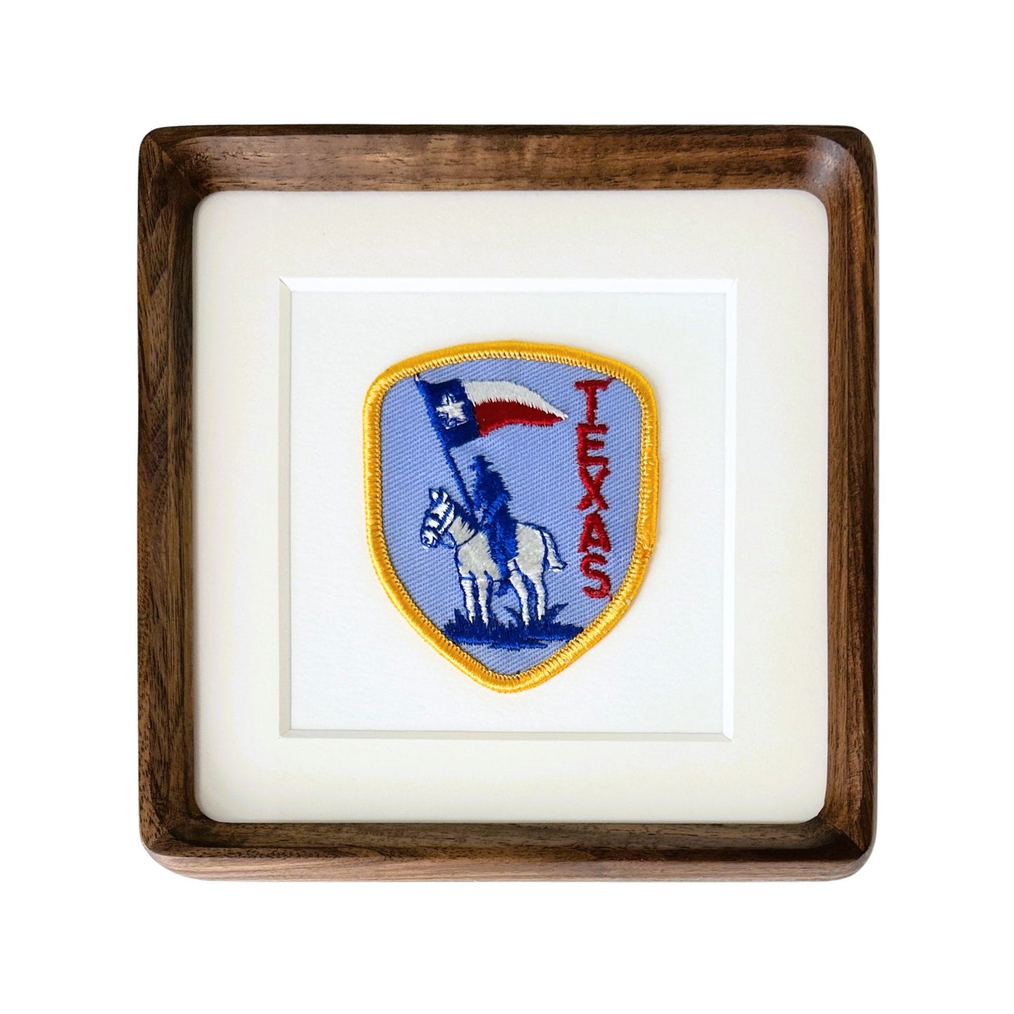 Texas Horse Rider with Lone Star Flag Large Vintage Travel Patch Wood Framed