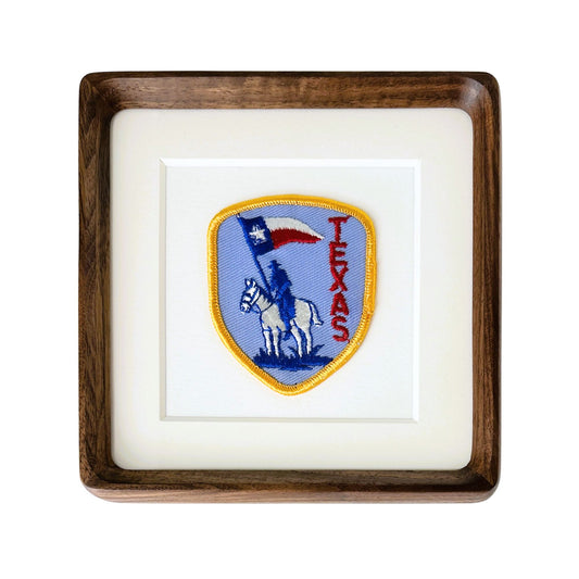 Texas Horse Rider with Lone Star Flag Large Vintage Travel Patch Wood Framed