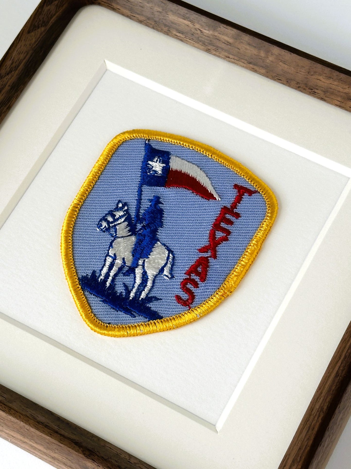 Texas Horse Rider with Lone Star Flag Large Vintage Travel Patch Wood Framed