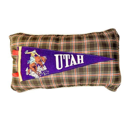 Utah Rodeo Cowboy Vintage Pennant on New Woven Plaid Throw Pillow