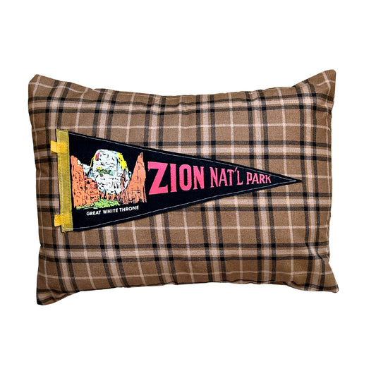 Utah Zion National Park Vintage Black Pennant on New Woven Plaid Throw Pillow