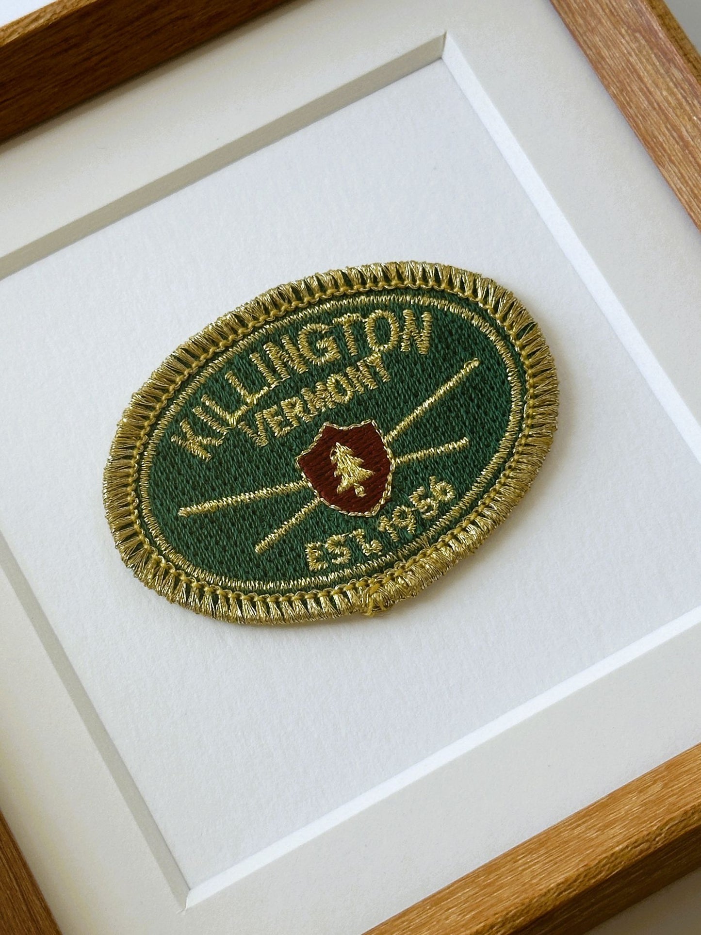 Vermont Killington Green and Gold Vintage Travel Patch Wood Framed