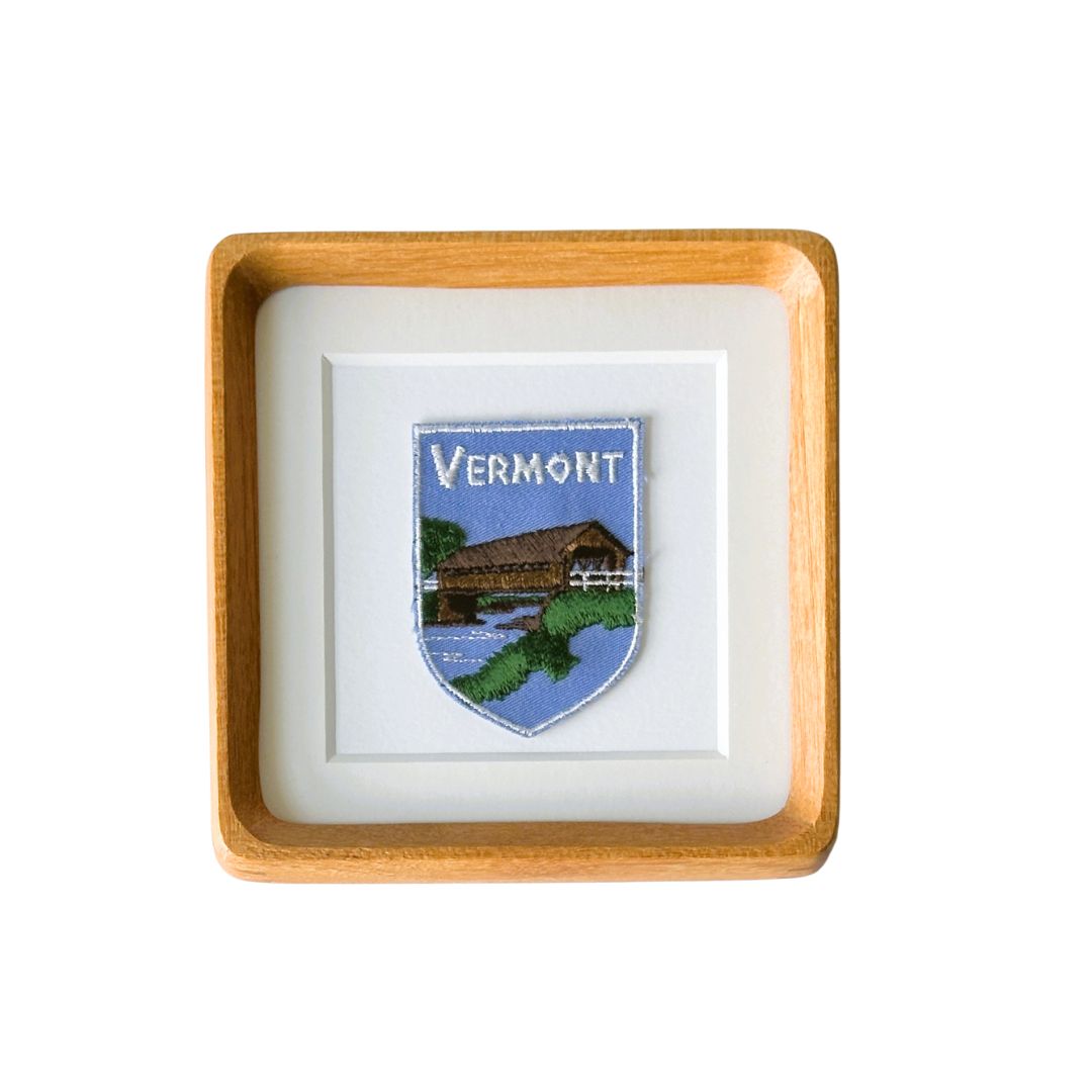 Vermont Covered Bridge Pale Blue Sky Vintage Framed Travel Patch
