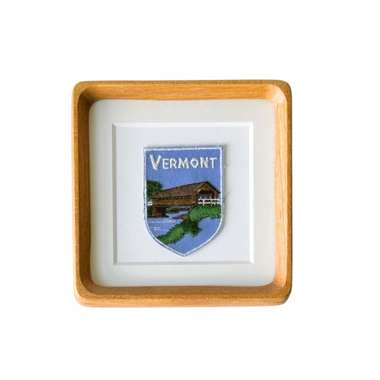 Vermont Covered Bridge Pale Blue Sky Vintage Framed Travel Patch