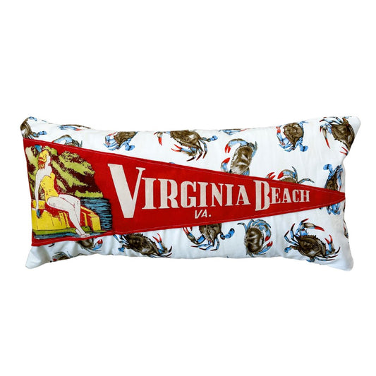 Virginia Beach Vintage Large Red Pennant on New Woven Coastal Crabs Fabric Throw Pillow