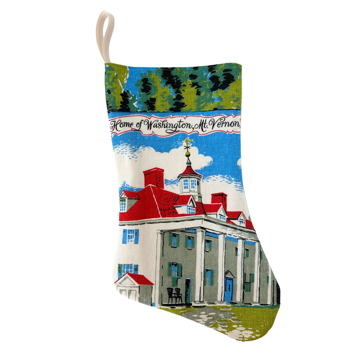 Virginia Mount Vernon Historic Home of Washington Vintage Hand Printed Linen Freshly Sewn Stocking