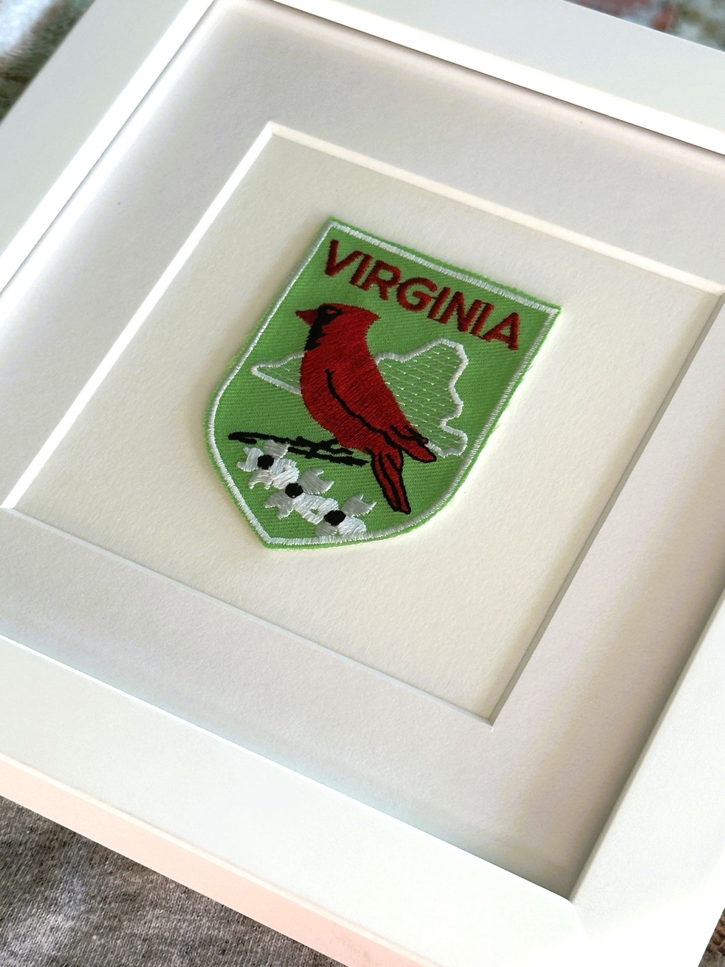 Virginia Framed Vintage Travel Patch, Red Cardinal State Bird