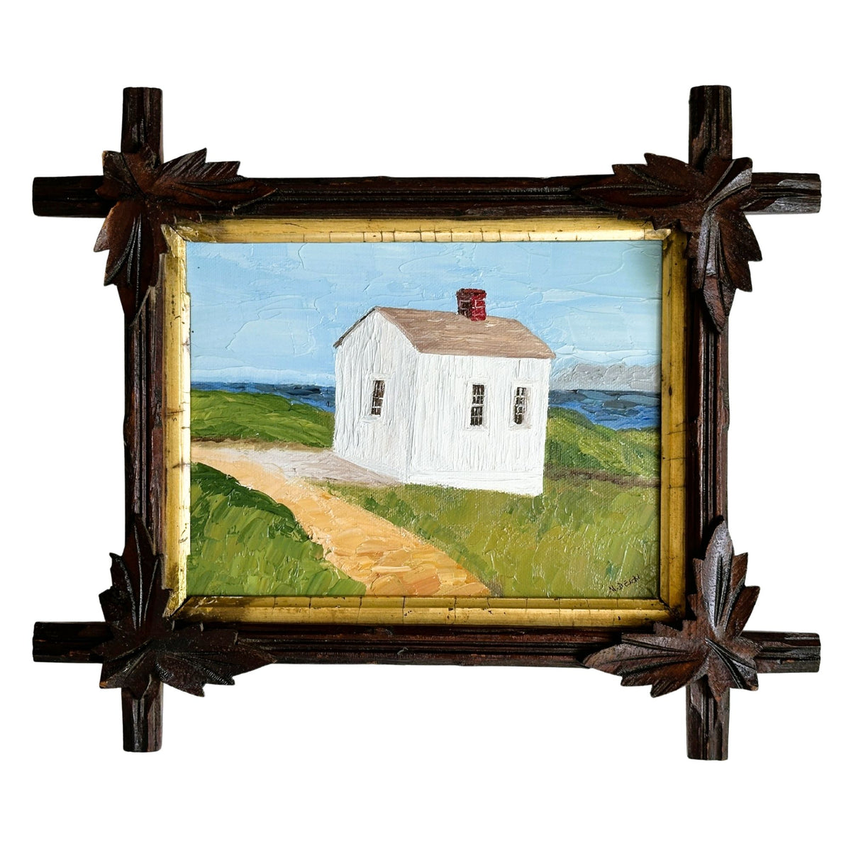 Washington San Juan Island American Camp Oil Painting in Antique Adirondack Tramp Frame with Wood Leaf Corners