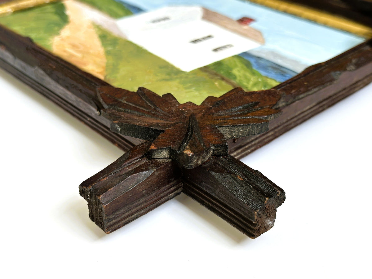 Washington San Juan Island American Camp Oil Painting in Antique Adirondack Tramp Frame with Wood Leaf Corners