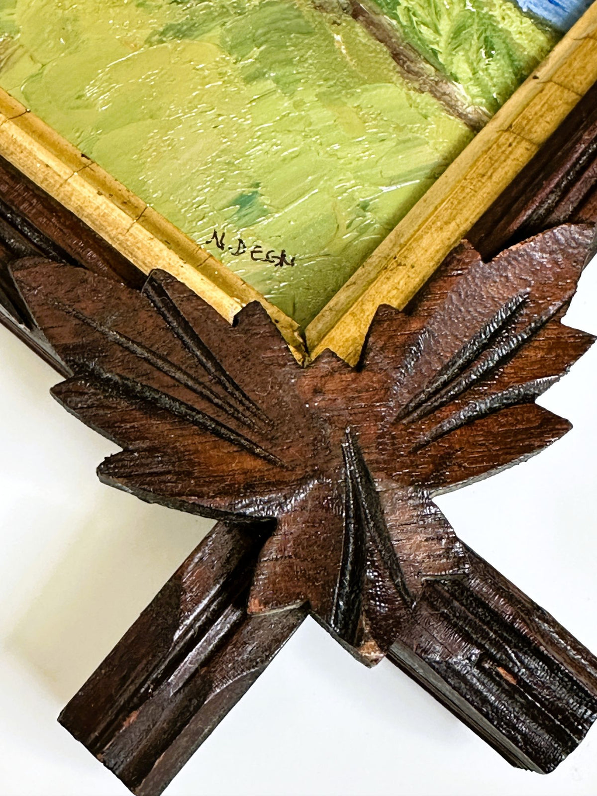 Washington San Juan Island American Camp Oil Painting in Antique Adirondack Tramp Frame with Wood Leaf Corners