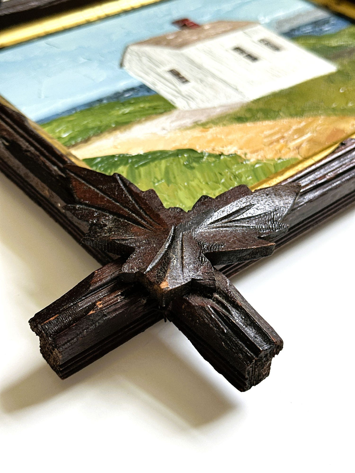 Washington San Juan Island American Camp Oil Painting in Antique Adirondack Tramp Frame with Wood Leaf Corners