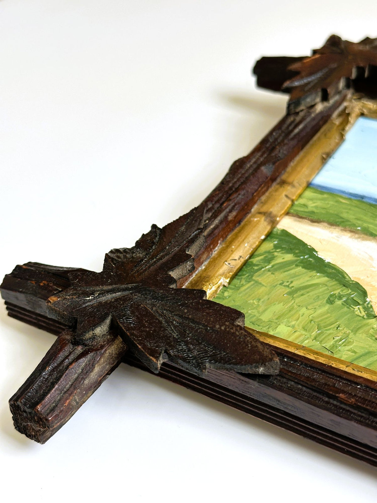Washington San Juan Island American Camp Oil Painting in Antique Adirondack Tramp Frame with Wood Leaf Corners