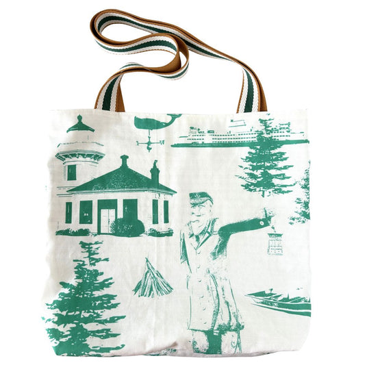 Washington State Old Salt Lighthouse Design Linen Tote Bag with Green & White Striped Straps