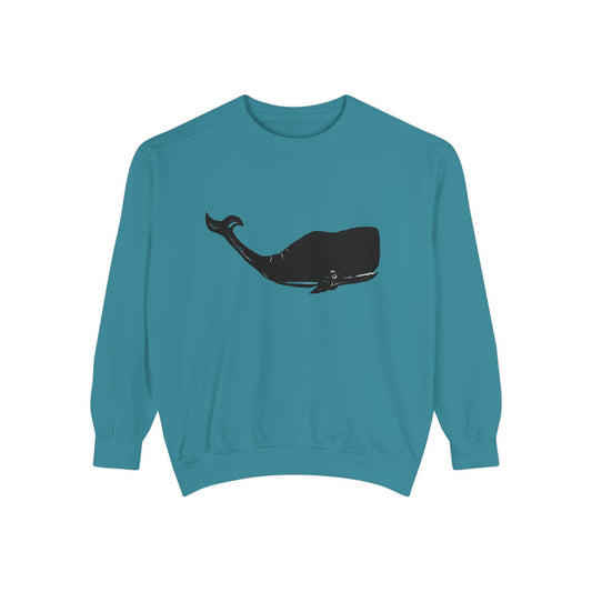Whale Block Print Adult Unisex Sweatshirt in Dark Topaz Blue