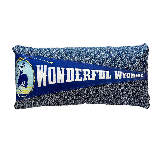 Wyoming Vintage 1960's Pennant on New Woven Blue Paisley Large Throw Pillow