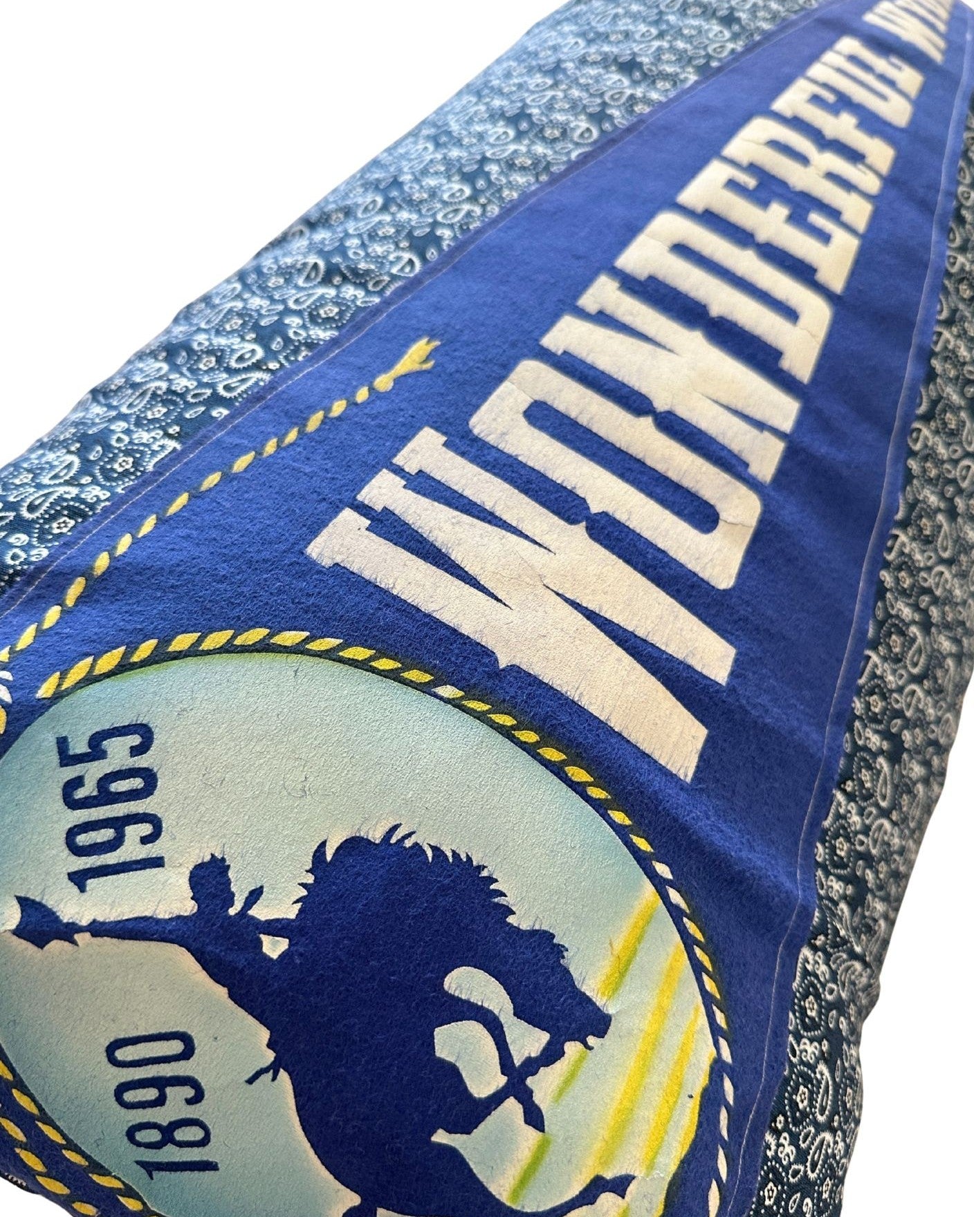 Wyoming Vintage 1960's Pennant on New Woven Blue Paisley Large Throw Pillow
